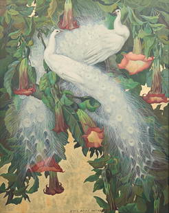 Jessie Arms Botke (American, 1883-1971) - White Peacocks and Datura: Jessie Arms Botke (American, 1883-1971) - White Peacocks and DaturaSigned 'JESSIE ARMS BOTKE' bottom center; also titled and signed verso, oil with gold leaf on board 31 ½ x 25 ½ in. (78.7