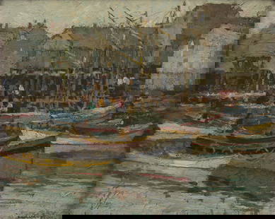 Frederick J. Mulhaupt (American, 1871-1938) - Grey Day and Guinea Boats, Gloucester : Frederick J. Mulhaupt (American, 1871-1938) - Grey Day and Guinea Boats, GloucesterSigned ‘MULHAUPT' bottom right; also titled and dated 1924 verso, oil on board 8 x 10 in. (20.3 x