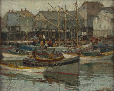 Frederick J. Mulhaupt (American, 1871-1938) - Grey Day and Guinea Boats, Gloucester : Frederick J. Mulhaupt (American, 1871-1938) - Grey Day and Guinea Boats, GloucesterSigned ‘MULHAUPT' bottom right; also titled and dated 1924 verso, oil on board 8 x 10 in. (20.3 x