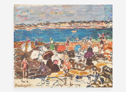 Maurice Prendergast (American, 1858-1924) - Beach Along the Harbor: Maurice Prendergast (American, 1858-1924) - Beach Along the HarborSigned ‘Prendergast’ bottom left, oil on canvas 14 x 16 ¾ in. (35.6 x 42.5cm) Executed 1907-1910.ProvenanceThe