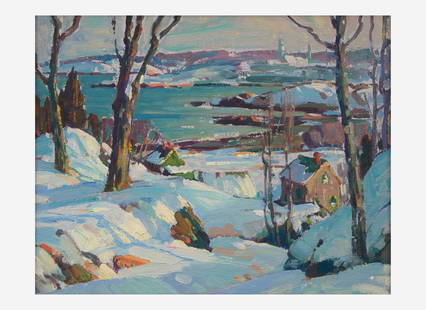 Aldro Thompson Hibbard (American, 1886-1972) - Winter, Back Beach, Rockport : Aldro Thompson Hibbard (American, 1886-1972) - Winter, Back Beach, Rockport Signed ‘A.T. Hibbard’ bottom left, oil on board 8 x 10 in. (20.3 x 25.4cm) Housed in a period Arts & Crafts fram