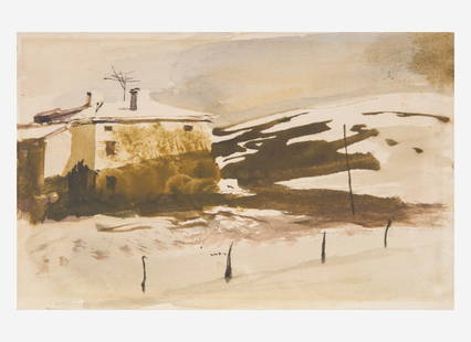 Andrew Wyeth (American, 1917-2009) - Kuerner's House and Barn (Christmas Card) : Andrew Wyeth (American, 1917-2009) - Kuerner's House and Barn (Christmas Card) Dedicated ‘Greetings/to you both/Betsy & Andy’ verso, drybrush watercolor on paper laid down to cardstock pap