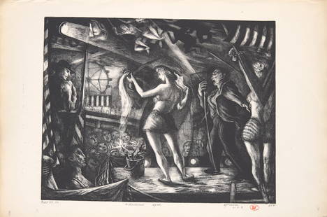 Benton Murdoch Spruance (American, 1904&#8211;1967)- Midsummer Spiel: Benton Murdoch Spruance (American, 1904–1967)- Midsummer Spiel 1946, edition of 35, pencil signed bottom right, stamped signed bottom right in plate, artist's ‘BS’ stamp lower right, with wide m