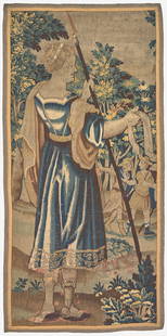 A Flemish woven tapestry fragment, possibly Brussels, late 15th / early 16th century Fully: A Flemish woven tapestry fragment, possibly Brussels, late 15th / early 16th century Fully bordered scene from a larger piece, likely depicting a town crier reading an order commanding payments from a