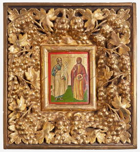 A Greek Icon of Prophet Elisseus and Saint Paraskeve, dated, "1881" Dated, “1881,”: A Greek Icon of Prophet Elisseus and Saint Paraskeve, dated, "1881" Dated, “1881,” l.r., tempura over gesso on wood panel, housed in an elaborate gesso and giltwood frame inset with grape