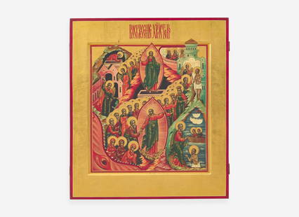 A Russian Icon of the Resurrection of Christ, modern Signed, l.c., tempera over gesso on wood: A Russian Icon of the Resurrection of Christ, modern Signed, l.c., tempera over gesso on wood panel. 23 ½ in. x 20 ½ in.