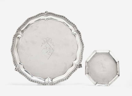 A George III sterling silver salver, John Carter II, London, 1769, and a small Irish George II: A George III sterling silver salver, John Carter II, London, 1769, and a small Irish George II sterling silver tray, Dublin, 1730 Comprising a salver by John Carter II, London, 1769, with scalloped an