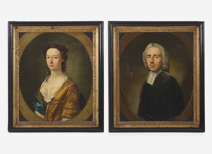 Attributed to Nathaniel Hone I (English, 1718-1784), A Pair of Portraits: Lady and Gentleman, circa: Attributed to Nathaniel Hone I (English, 1718-1784), A Pair of Portraits: Lady and Gentleman, circa 1741 The portrait of a gentleman faintly inscribed, “Ca…Medici (?)/ Pinxit 1741 et NHone