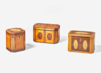 A group of three George III inlaid mahogany and satinwood tea caddies, circa 1780-1800 Each with: A group of three George III inlaid mahogany and satinwood tea caddies, circa 1780-1800 Each with canted corners displaying inlaid fluting, the two rectangular boxes with double interior compartments,