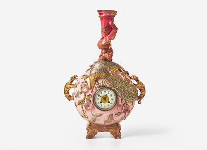 An Aesthetic Movement Zsolnay lustreware clock vase, Pecs, Hungary, with works by Japy Frères &: An Aesthetic Movement Zsolnay lustreware clock vase, Pecs, Hungary, with works by Japy Frères & Cie, Paris, retailed by J.E. Caldwell & Co., Philadelphia, PA, 1878-1879 Of disc form with flared rim,