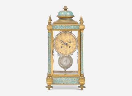 A French cloisonné enamel and gilt bronze mantel clock, Japy Frères & Cie, Paris, late: A French cloisonné enamel and gilt bronze mantel clock, Japy Frères & Cie, Paris, late 19th century With domed top, each corner with spired columns, with blue and turquoise enamel, on peg fe