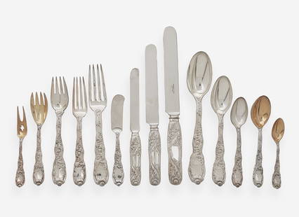 An extensive sterling silver flatware service for twelve in the "Indian Chrysanthemum" pattern,: An extensive sterling silver flatware service for twelve in the "Indian Chrysanthemum" pattern, designed by Charles T. Grosjean, Tiffany & Co., New York, NY, circa 1880-1891 Housed in the original oak