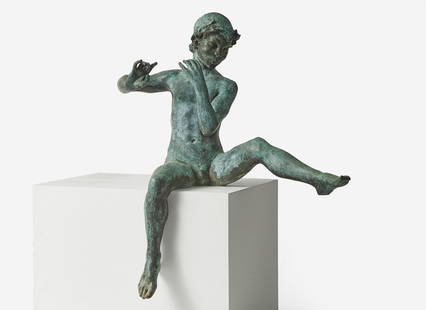 A bronze garden statue of Pan   With verdigris patina.  H: 46 in. W: 36 &#189; in. D: 31 in.: A bronze garden statue of Pan With verdigris patina. H: 46 in. W: 36 &frac12; in. D: 31 in. (approx.) Provenance Property from a Newport, Rhode Island estate.