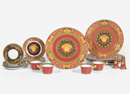 A Versace enameled porcelain part dinner service in the "Medusa" pattern, produced by Rosenthal: A Versace enameled porcelain part dinner service in the "Medusa" pattern, produced by Rosenthal Studio Line, Germany, modern Comprising four large dinner plates, four bread plates, a cake stand, four