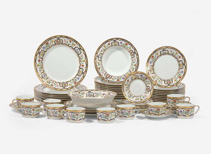 A Christian Dior enamel and gold-decorated porcelain dinner service in the "Renaissance" pattern,: A Christian Dior enamel and gold-decorated porcelain dinner service in the "Renaissance" pattern, 1991-1999 Comprising ten dinner plates, ten salad plates, ten soup plates, a serving bowl, and ten tea
