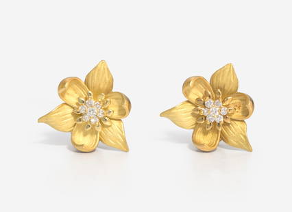 A Pair of 18K Yellow Gold and Diamond Dogwood Earrings: A Pair of 18K Yellow Gold and Diamond Dogwood Earrings A pair of 18K yellow gold earrings, suitable for pierced ears on stud posts with omega clip backs, designed as dogwood blossoms, the petals of wh