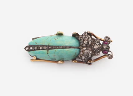 A Turquoise, Ruby, and Diamond Beetle Brooch: A Turquoise, Ruby, and Diamond Beetle BroochA silver-topped 18K rose gold brooch designed as a beetle, whose wings are crafted from smooth carved segments of turquoise, eyes crafted from round-cut