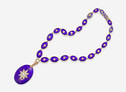 A Gold, Enamel, and Diamond Locket Necklace: A Gold, Enamel, and Diamond Locket Necklace 18K gold necklace designed as oval links set with textured blue enamel and completed by rosy gold accents and a white seed pearl, ending in a removable pend