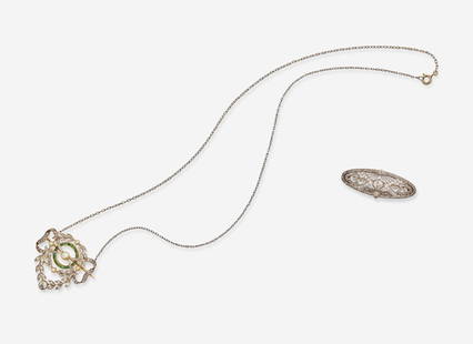 An Edwardian Diamond Brooch and Necklace: An Edwardian Diamond Brooch and NecklaceA set of Edwardian jewelry, including a 14K white gold filigree oval brooch set throughout with old mine-cut, single-cut, and rose-cut diamonds, and a platinum