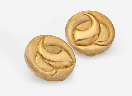 A Pair of 18K Yellow Gold Haroldo Burle Marx Ear Clips: A Pair of 18K Yellow Gold Haroldo Burle Marx Ear Clips A pair of ear clips by Haroldo Burle Marx, suitable for non-pierced ears with omega clip backs, designed as buttons of delicately textured 18K ye