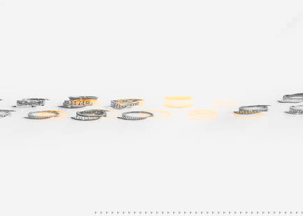 A Collection of Nine Diamond Bands: A Collection of Nine Diamond Bands A collection of nine diamond-set bands, including two 10K yellow gold bands set with round brilliant-cut diamonds, a tri-color 18K gold and platinum ring set with ro