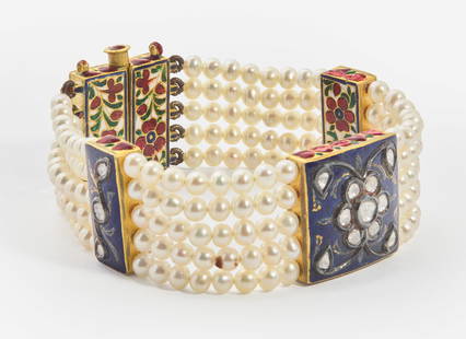 A 22K Yellow Gold, Pearl, Diamond, and Enamel Mughal-Style Bracelet: A 22K Yellow Gold, Pearl, Diamond, and Enamel Mughal-Style Bracelet A Mughal-style bracelet, designed as rectangular links of 22K yellow gold featuring blue, red, and green enamel floral designs on th