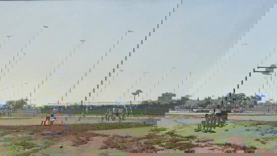 Philip Geiger (American, b. 1956), Basketball Game: Philip Geiger (American, b. 1956), Basketball Game Signed and dated 82, oil on canvas. 18 x 32 in. (45.7 x 81.3cm) Provenance Private Collection, Philadelphia, Pennsylvania. 