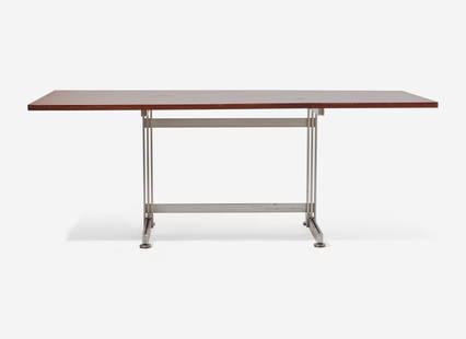 Jules Wabbes, “Cintree” Desk: Jules Wabbes, “Cintree” Desk Le Mobilier Universel Belgium, circa 1960 Brazilian rosewood and mahogany plywood, steel The feet stamped: “Velca Legnano” H: 29 ¾, W: 78 5/8,