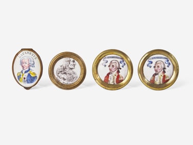 Three "Gen'l Washington" enameled porcelain and brass cloak pins or mirror supports, England, late