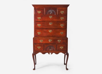 A Queen Anne flat-top carved maple high chest of drawers, Connecticut River Valley, mid-18th century
