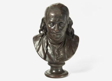 After Jean-Antoine Houdon (French, 1741-1828), Patinated bronze bust of Benjamin Franklin