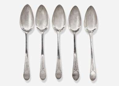 A set of five silver tablespoons, Thomas Shields (1743-1819), Philadelphia, PA, and other, circa