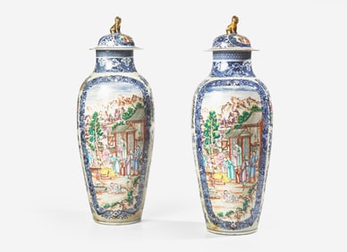 A pair of large and finely painted Chinese Export porcelain Famille Rose covered vases, 18th century