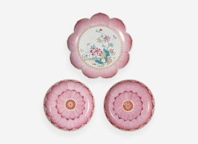 A group of three Chinese Export porcelain pink lotus bowls, mid-18th century