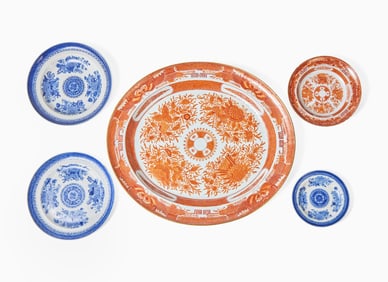 A group of five Chinese Export porcelain orange and blue "Fitzhugh" tablewares, circa 1800