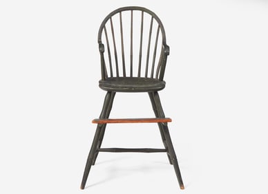 A green-painted bamboo turned continuous arm Windsor high chair, Philadelphia, PA, circa 1800