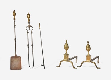 A pair of Federal brass andirons together with three fireplace implements, Philadelphia, PA, circa