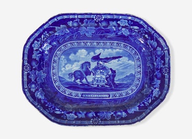 A rare Historical Blue Staffordshire "Arms of Pennsylvania" platter, Thomas Mayer, Stoke, Cliff Bank
