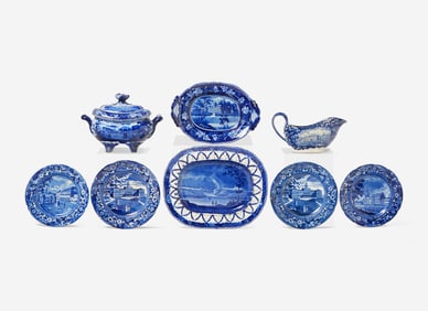A group of eight Historical Blue Staffordshire tablewares in New York views, various makers,