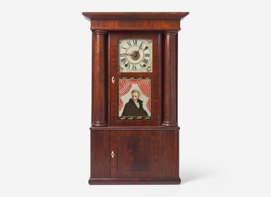 A Classical mahogany and mahogany veneer mantel clock with Andrew Jackson eglomise panel, bears