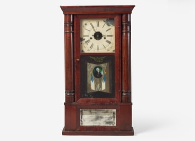 A Classical mahogany mantel clock with Andrew Jackson eglomise panel, bears printed paper label of