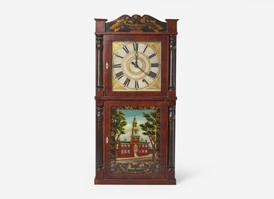 A rare painted, stenciled and mahogany "Independence Hall" mantel clock, bears printed label of