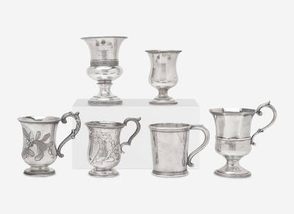 A collection of six coin silver presentation cups, Hezekiah S. Sprague (1800-1886), Newark, OH,: A collection of six coin silver presentation cups, Hezekiah S. Sprague (1800-1886), Newark, OH, Zalmon Stone Bostwick (1811- before 1865), New York, NY, William Adams, New York, NY, Bigelow Bros. & Ke