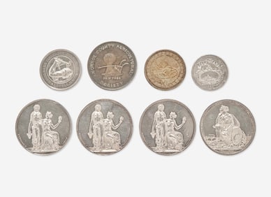 A collection of eight silver medals representing various societies, dates ranging 1851-1871