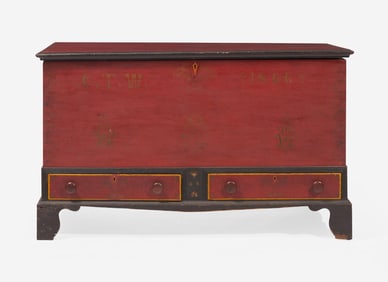 A Soap Hollow painted and stencil-decorated pine blanket chest with drawers, Somerset County, PA,