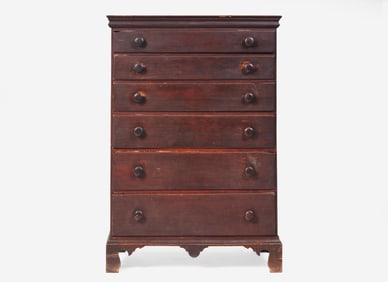 A red-painted pine tall chest, New England, circa 1800