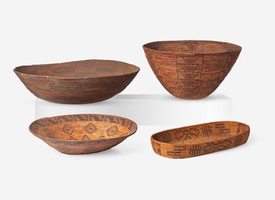 A group of four Yokuts woven baskets, California, early 20th century