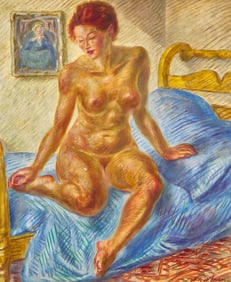John French Sloan (American, 1871–1951) - Nude on Blue Covered Bed
