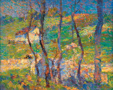 JOHN PIERCE BARNES, (AMERICAN 1893-1952), THROUGH: JOHN PIERCE BARNES (american 1893-1952) THROUGH THE TREES Signed "JOHN P BARNES" bottom right, oil on panel 16 x 20 in. 40.6 x 50.8 cm) provenance: Jim's Antiques Fine Art Gallery, Lambertville, New J