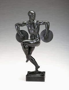 Louis-Marie-Jules Delapchier, (French, active 190: Louis-Marie-Jules Delapchier, (French, active 1900-1930) dancing male nude Bronze, dark brown patina,signed 'L Delapchier', triangular seal Planquettes/cire perdue. H: 23 in. PROVENANCE: Property from